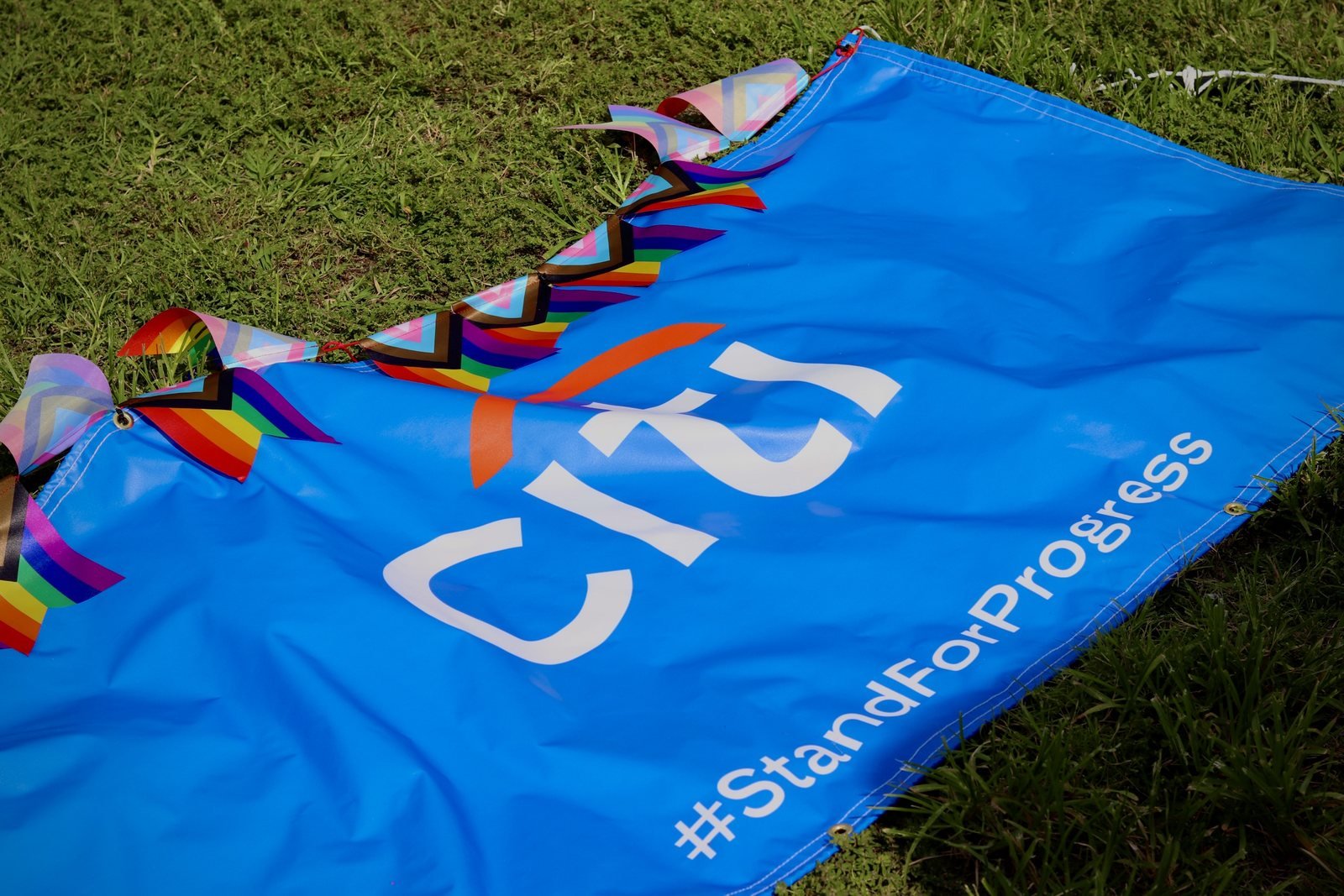 Blue event banner lying on the grass with Pride bunting